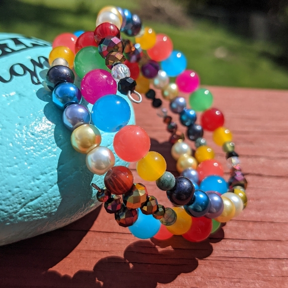 Jasper Beads Bracelet Colorful Rainbow Handmade Memory Wire Jewelry Bright Color - Picture 9 of 11